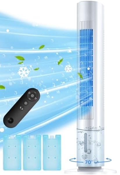 MYICY Evaporative Air Cooler, 35" Windowless Air Conditioner Portable, 3 Speeds, 1.2L Water Tank, 3 Ice Packs, 20ft Remote, 7H Timer, No Hose No Window Needed,70° Oscillating Porta