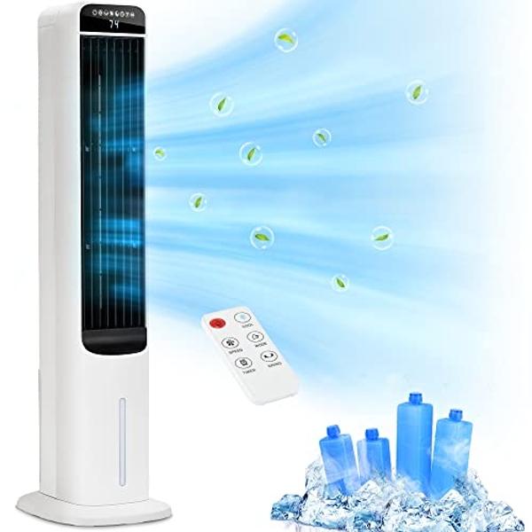 Uthfy 41" Evaporative Air Cooler, Swamp Cooler With 4 Ice Packs And Remote, 120° Oscillation 3 Speeds 4 Modes, Portable Cooling Fan That Blow Cold Air, Bladeless Tower Fan For Bedr