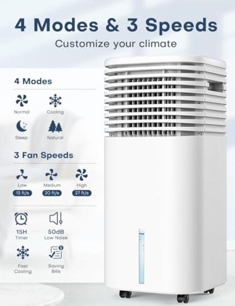 TEMEIKE 4-IN-1 Portable Air Conditioners, Evaporative Air Cooler w/ 4 Modes & 3 Speeds, 15H Timer for Smart Auto-off, 2-Gal Tank for 20H Cooling,17FT Remote,No Hose Needed,120°Osci