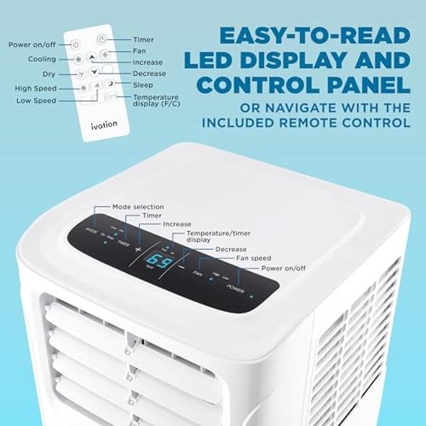 Ivation 9000 BTU Compact Portable Air Conditioner, Smallest AC Unit with Powerful Cooling, Multi-Speed Fan, Dehumidifier, Sleep Mode, Built-In Timer, Remote Control, Washable Filte