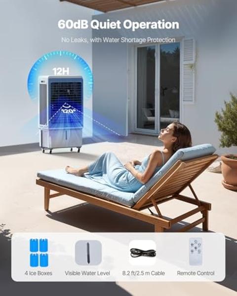 VEVOR Evaporative Air Cooler, 4129 CFM with 12.7 Gallon Water Tank Swamp Cooler, Portable Cooling Fan with Remote Control, 12H Timer, 4 Ice Boxes, Quiet Operation, 3 Wind Speeds fo