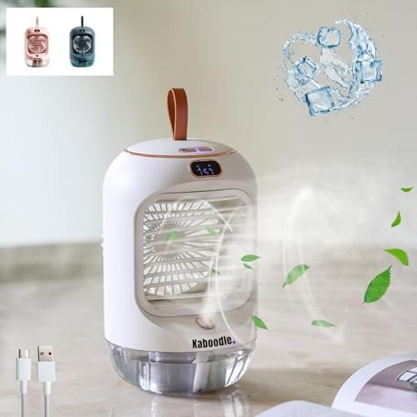 Portable Evaporative Air Cooler Fan, Humidifier Aqua-Cooling Mist Technology, 3 Speed Personal Mini Air Conditioner, Rechargeable Unit with Night Light, Ice Fan for Office, Car, Be