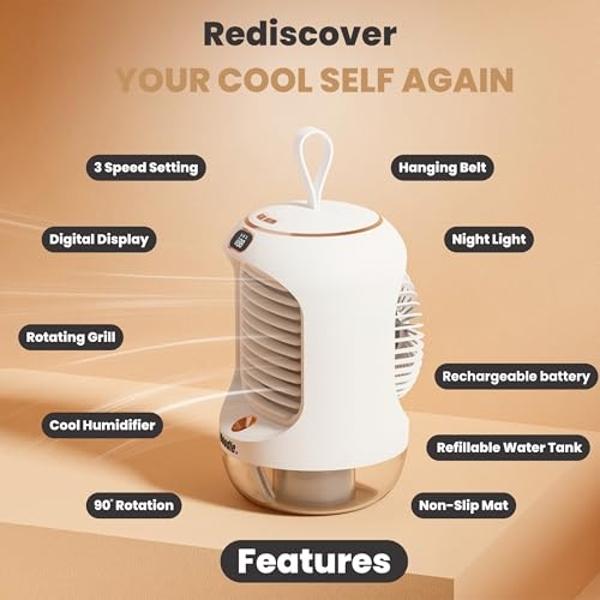 Portable Evaporative Air Cooler Fan, Humidifier Aqua-Cooling Mist Technology, 3 Speed Personal Mini Air Conditioner, Rechargeable Unit with Night Light, Ice Fan for Office, Car, Be