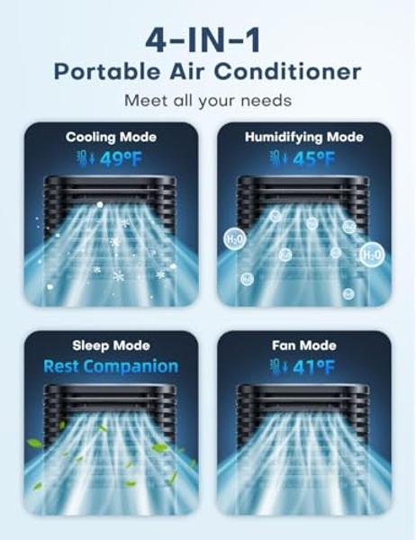 CENSTECH 4-IN-1 Portable Air Conditioners, Evaporative Air Cooler w/4 Modes & 3 Speeds, 15H Timer for Smart Auto-off, 2-Gal Tank for 20H Cooling,17FT Remote,No Hose Needed,120°Osci