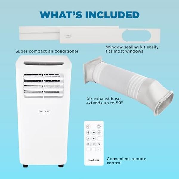Ivation 9000 BTU Compact Portable Air Conditioner, Smallest AC Unit with Powerful Cooling, Multi-Speed Fan, Dehumidifier, Sleep Mode, Built-In Timer, Remote Control, Washable Filte