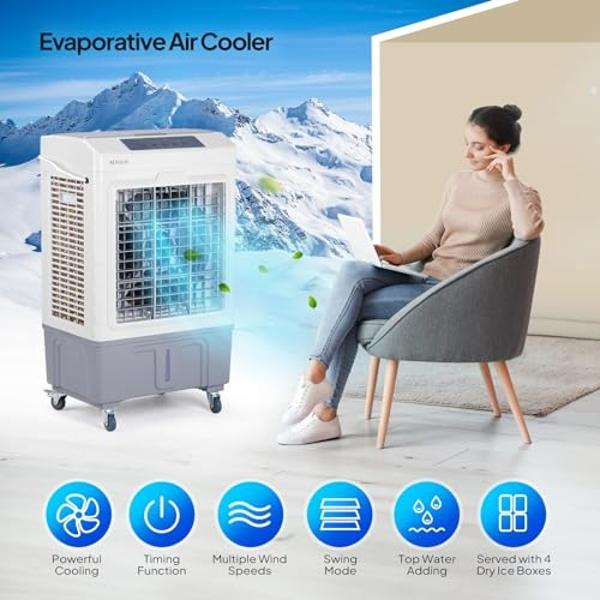ROVSUN 10.5Gallon Evaporative Air Cooler, 2600CFM Portable Swamp Cooler with Remote Control, Oscillation, 3 Speeds, 7.5H Timer & 40L Water Tank, 3-IN-1 Cooling Fan for Home Office 
