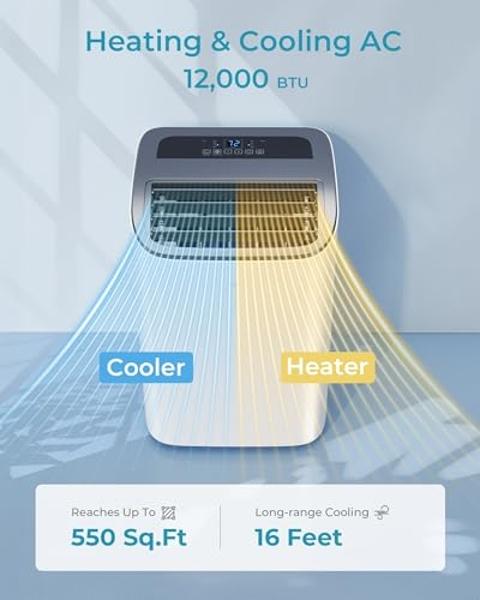 EUHOMY Portable Air Conditioners 12,000 Btu, 4 in 1 Portable Cooling AC with Heat, Dehumidifier, Fan Modes, Quiet Stand-up AC with 46dB Low Noise & Sleep Mode for Bedrooms, room up