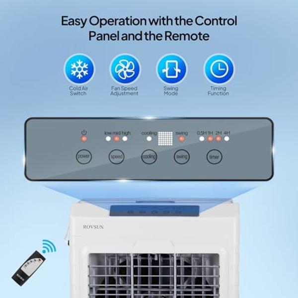 ROVSUN 10.5Gallon Evaporative Air Cooler, 2600CFM Portable Swamp Cooler with Remote Control, Oscillation, 3 Speeds, 7.5H Timer & 40L Water Tank, 3-IN-1 Cooling Fan for Home Office 