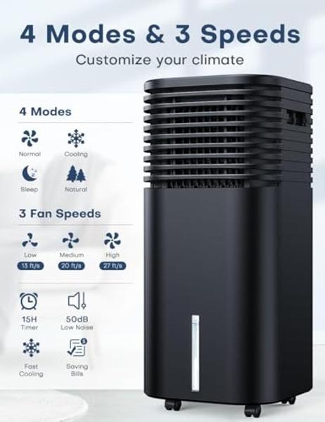 CENSTECH 4-IN-1 Portable Air Conditioners, Evaporative Air Cooler w/4 Modes & 3 Speeds, 15H Timer for Smart Auto-off, 2-Gal Tank for 20H Cooling,17FT Remote,No Hose Needed,120°Osci