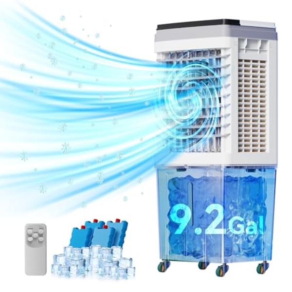 Evaporative Air Cooler, 3-IN-1 Portable Air Conditioners with 2353 CFM, Swamp Cooler with 9.2 Gallon Water Tank, Remote & Touch Control, 90°+120° Oscillation, Air Coolong Fan for O