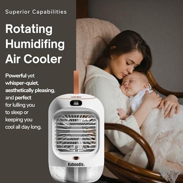 Portable Evaporative Air Cooler Fan, Humidifier Aqua-Cooling Mist Technology, 3 Speed Personal Mini Air Conditioner, Rechargeable Unit with Night Light, Ice Fan for Office, Car, Be