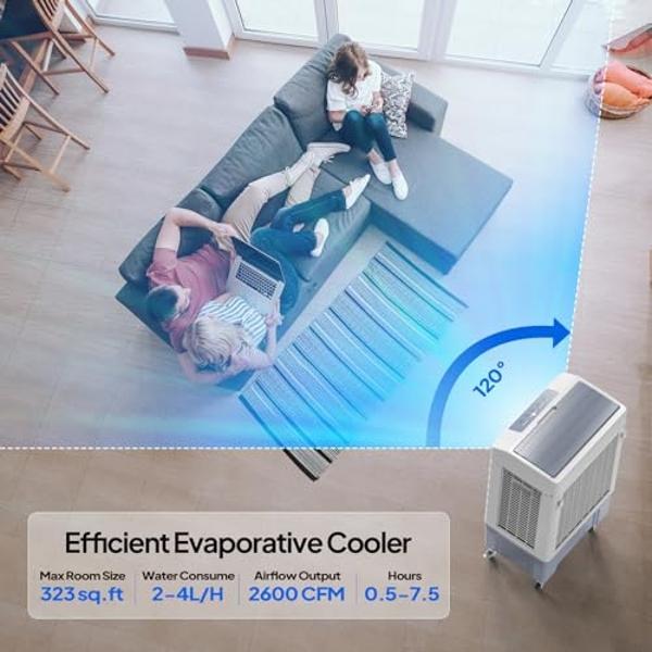 ROVSUN 10.5Gallon Evaporative Air Cooler, 2600CFM Portable Swamp Cooler with Remote Control, Oscillation, 3 Speeds, 7.5H Timer & 40L Water Tank, 3-IN-1 Cooling Fan for Home Office 