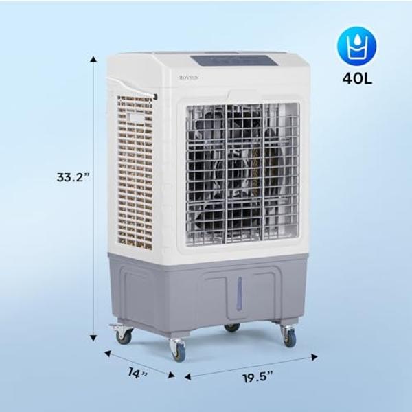 ROVSUN 10.5Gallon Evaporative Air Cooler, 2600CFM Portable Swamp Cooler with Remote Control, Oscillation, 3 Speeds, 7.5H Timer & 40L Water Tank, 3-IN-1 Cooling Fan for Home Office 