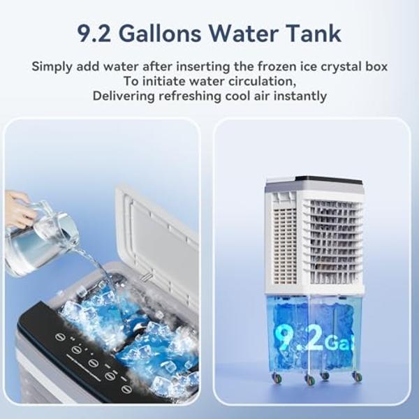 Evaporative Air Cooler, 3-IN-1 Portable Air Conditioners with 2353 CFM, Swamp Cooler with 9.2 Gallon Water Tank, Remote & Touch Control, 90°+120° Oscillation, Air Coolong Fan for O