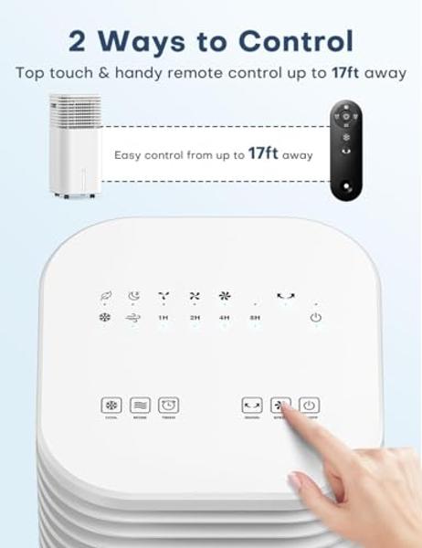TEMEIKE 4-IN-1 Portable Air Conditioners, Evaporative Air Cooler w/ 4 Modes & 3 Speeds, 15H Timer for Smart Auto-off, 2-Gal Tank for 20H Cooling,17FT Remote,No Hose Needed,120°Osci