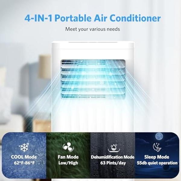 Electactic 10000 BTUs Portable Air Conditioners with Cooling, Fan, Sleep Mode, Dehumidifier, 4-IN-1 Portable AC with 24H Timer, Remote Control, Window Kit