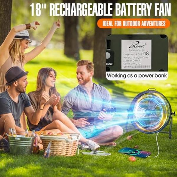 iLiving 18" Rechargeable Battery Operated Camping Floor Fan, High Velocity Portable Outdoor Fan with Metal Blade, With Built-in Lithium Battery for Whole Day Usage, 18 Inches, Mili