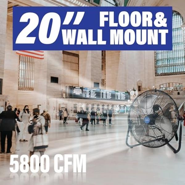 iLIVING 20 Inch 5800 CFM High Velocity Heavy Duty Metal Floor Wall Fan, For Office, Commercial, Workstation, Greenhouse, Garage, Shop Attic Use, Black, UL Listed