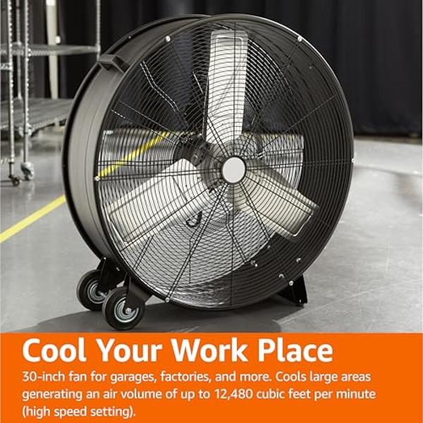 Amazon Basics 30" 300W High-Velocity, Heavy-Duty Industrial Fan, Drum Fan, with UL-Certified Safety Compliance, 2 Speeds, Up to 12,480 CFM, 5.9-ft Power Cord, 2 Wheels, Metal Housi