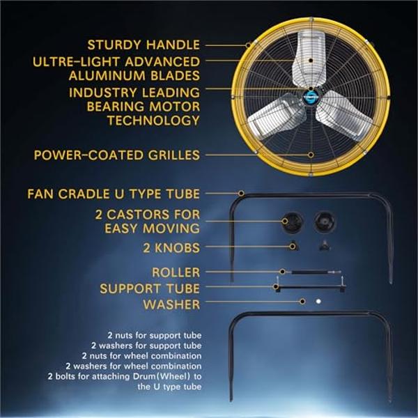 Tornado 24" Metal Drum Fan - High Velocity, 8540 CFM, 3-Speed, Heavy Duty for Industrial & Commercial Use, 1/3 HP Motor, 8 FT Cord, UL Listed