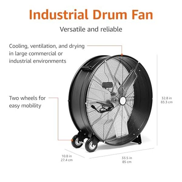 Amazon Basics 30" 300W High-Velocity, Heavy-Duty Industrial Fan, Drum Fan, with UL-Certified Safety Compliance, 2 Speeds, Up to 12,480 CFM, 5.9-ft Power Cord, 2 Wheels, Metal Housi