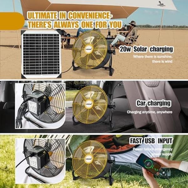 Battery Operated Solar Powered Fan, Home or Outdoor Portable Fan, Can Running 5-24 Hours, Design For Shed,Hurricane Fan,with USB Output For Emergency Situation Without Electric