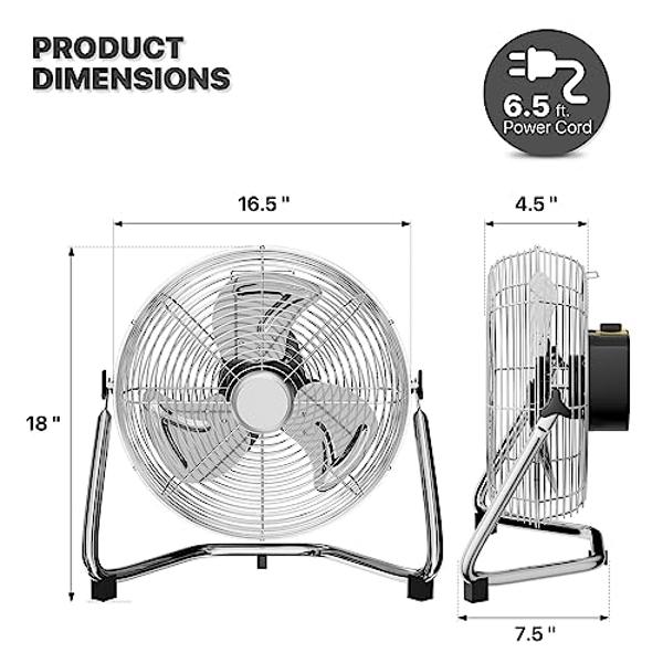 mollie 16.5 Inch High Velocity Floor Fan with 3 Speed Heavy Duty Metal Adjustable Tilt Portable Quiet Air Circulator for Garage, Workshop, Factory and Basement, 1596 CFM, Silver