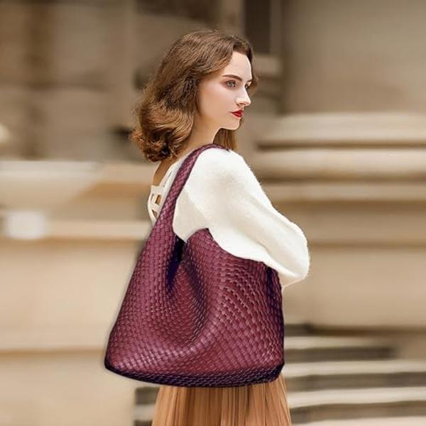 JINMANXUE Woven Tote Bag for Women, Fashion Hobo Handbag, Travel Top-handle Shoulder Bag, Beach Underarm Bag with Purse (Ankela Red)