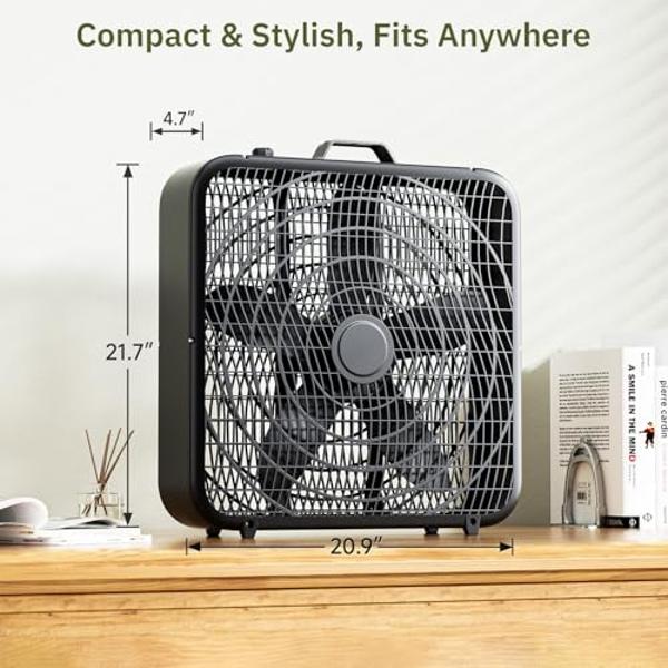 Simple Deluxe 20” Box Fan, 3-Speed Cooling Floor Fan with Aerodynamic Shaped Fan Blades, Convenient Carry Handle and Safety Grills, Black