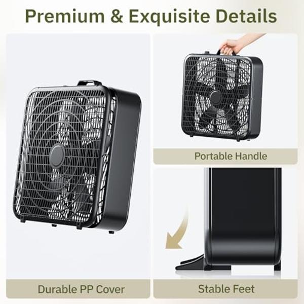 Simple Deluxe 20” Box Fan, 3-Speed Cooling Floor Fan with Aerodynamic Shaped Fan Blades, Convenient Carry Handle and Safety Grills, Black