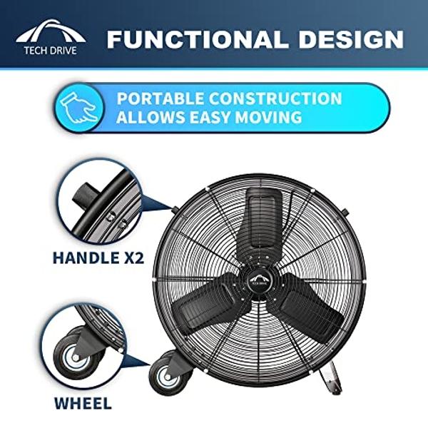 Tech Drive Heavy Duty Metal Industrial Drum Fan, 30 inch High Velocity Shop Fan, 2 Speed Large Floor Fan for Warehouse, Workshop, Factory, Garage, All Metal, Black