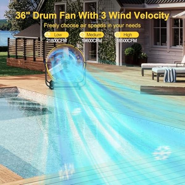 Uthfy 21800 CFM Heavy Duty Industrial Drum Fan, 36 Inch 600W High Velocity Floor Fan with 3 Speeds, 360° Tilt Metal Garage Fan for Warehouse, Commercial, Workshop, Factory and Base