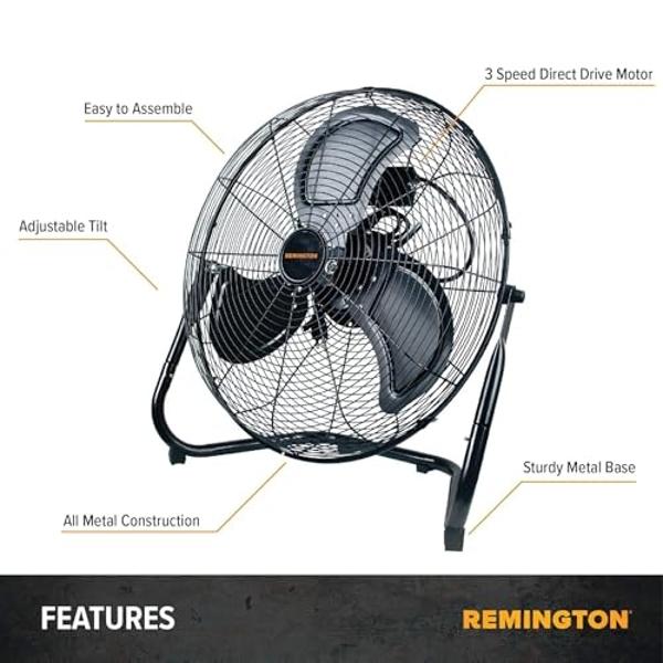 Remington High Velocity Floor Fan, 3 Speed Portable Cooling Unit - Heavy Duty Metal Airflow for Large Shops, Garages, and Warehouses, 20 Inch, Black