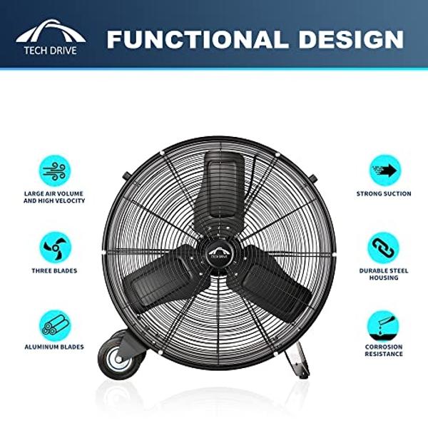 Tech Drive Heavy Duty Metal Industrial Drum Fan, 30 inch High Velocity Shop Fan, 2 Speed Large Floor Fan for Warehouse, Workshop, Factory, Garage, All Metal, Black