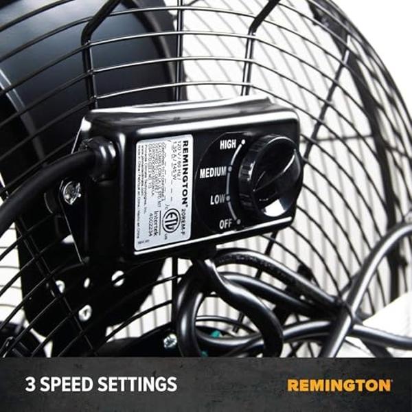 Remington High Velocity Floor Fan, 3 Speed Portable Cooling Unit - Heavy Duty Metal Airflow for Large Shops, Garages, and Warehouses, 20 Inch, Black
