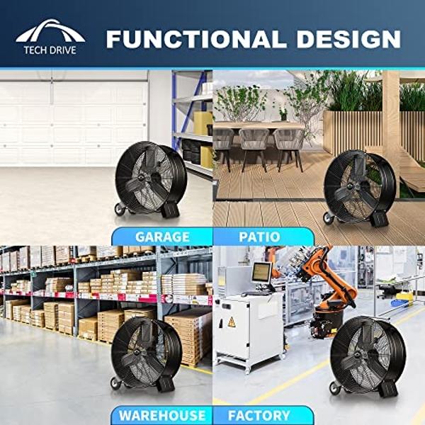 Tech Drive Heavy Duty Metal Industrial Drum Fan, 30 inch High Velocity Shop Fan, 2 Speed Large Floor Fan for Warehouse, Workshop, Factory, Garage, All Metal, Black