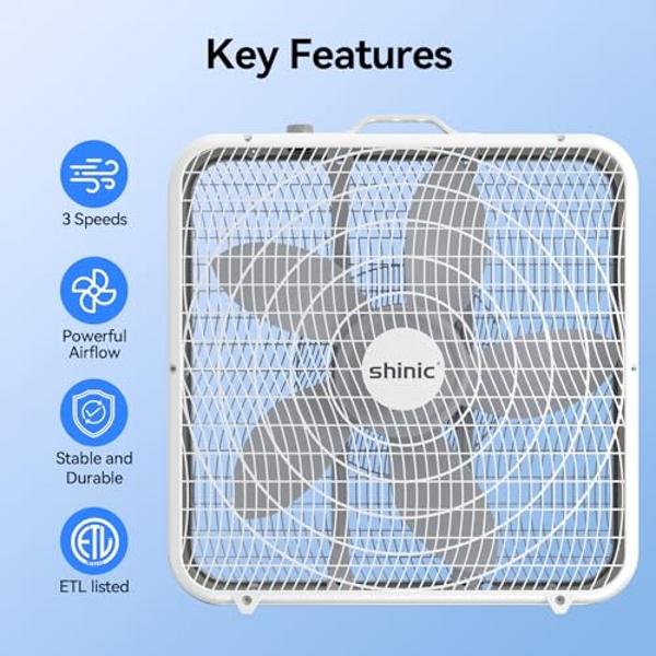 Shinic 20" Box Fans, 3-Speed Cooling Fans with Safety Grills, Perfect for Indoor Use Home, Garage, and Workshop - 2 Pack