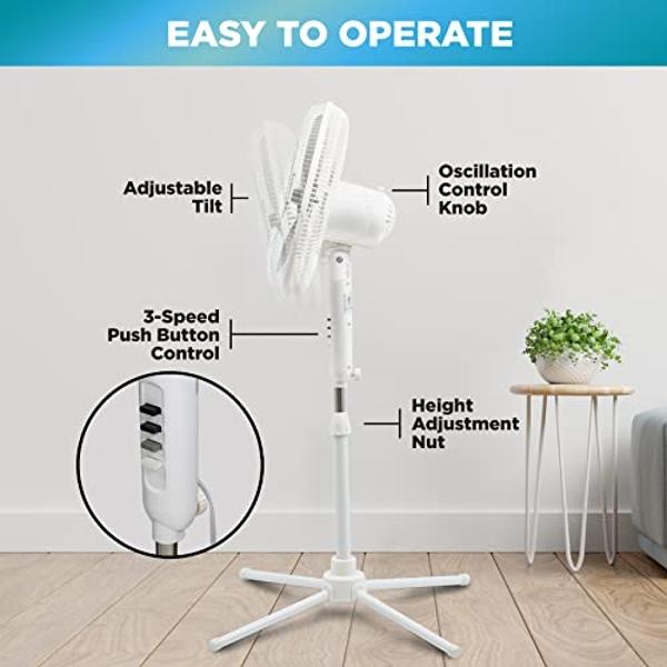 Comfort Zone Stand Fan, 16 inch Pedestal Fan for Bedroom, 3 Speed Floor Fan, 90 Degree Oscillation, Adjustable Height, Adjustable Tilt, Oscillating Air Circulator, Quiet Fan for Ho