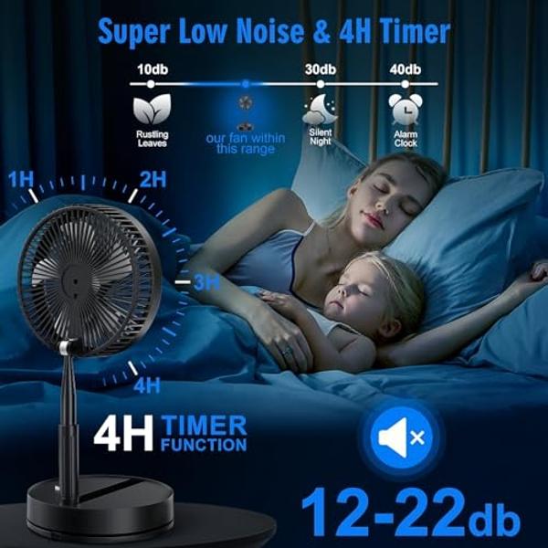 LIPETY Portable Foldable Rechargeable Oscillating Fan - 9" 7200mah Battery Operated USB C Small Fan Remote, Quiet Table Desk Fan Folding Standing Pedestal Fans for Bedroom Rome Off
