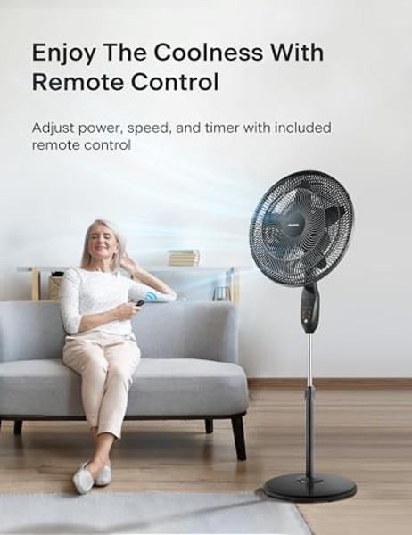PELONIS PFS45A5BBB 18 inch 5-Blade Oscillating, Adjustable Standing Pedestal Remote, LED Display, 5 Speed Setting and 7-Hour Timer Fan, Black