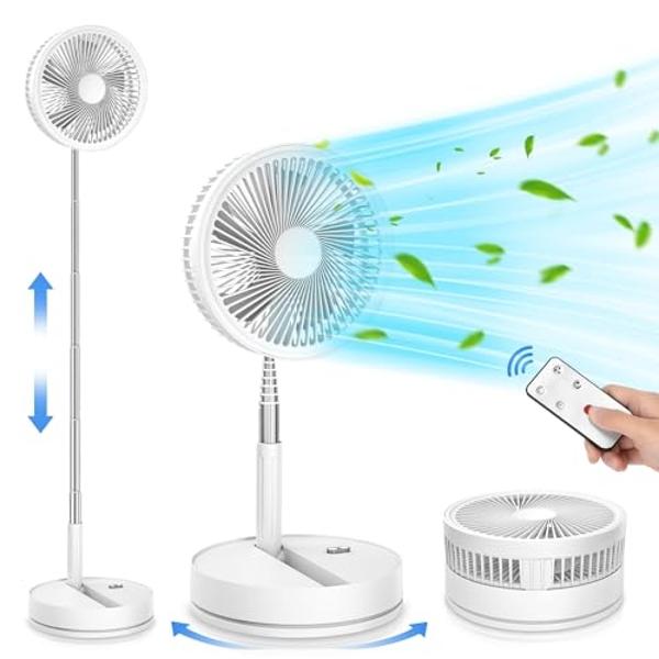 LIPETY Portable Foldable Rechargeable Oscillating Fan - 9" 7200mah Battery Operated USB C Small Fan Remote, Quiet Table Desk Fan Folding Standing Pedestal Fans for Bedroom Rome Off