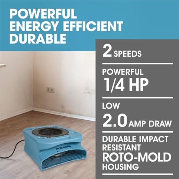 PURAERO Low Profile Air Mover Carpet Dryer Blower Floor Fan | 1/4 HP 1,100 CFM | for Crawlspaces, Attics, Basements, Bathrooms| Water Damage Restoration, Grow Rooms | PA-250-LP | B