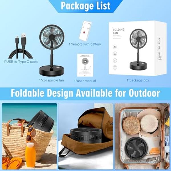 LIPETY Portable Foldable Rechargeable Oscillating Fan - 9" 7200mah Battery Operated USB C Small Fan Remote, Quiet Table Desk Fan Folding Standing Pedestal Fans for Bedroom Rome Off