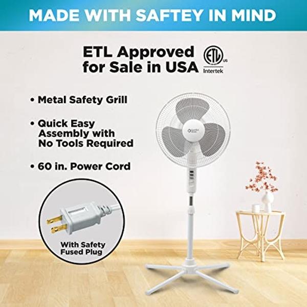 Comfort Zone Stand Fan, 16 inch Pedestal Fan for Bedroom, 3 Speed Floor Fan, 90 Degree Oscillation, Adjustable Height, Adjustable Tilt, Oscillating Air Circulator, Quiet Fan for Ho
