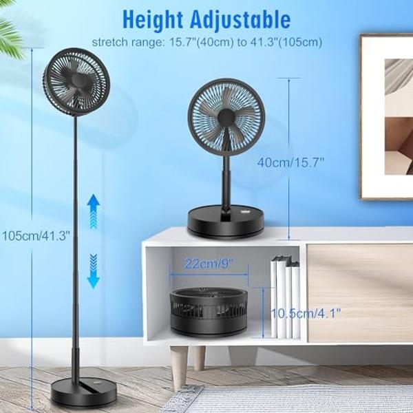 LIPETY Portable Foldable Rechargeable Oscillating Fan - 9" 7200mah Battery Operated USB C Small Fan Remote, Quiet Table Desk Fan Folding Standing Pedestal Fans for Bedroom Rome Off