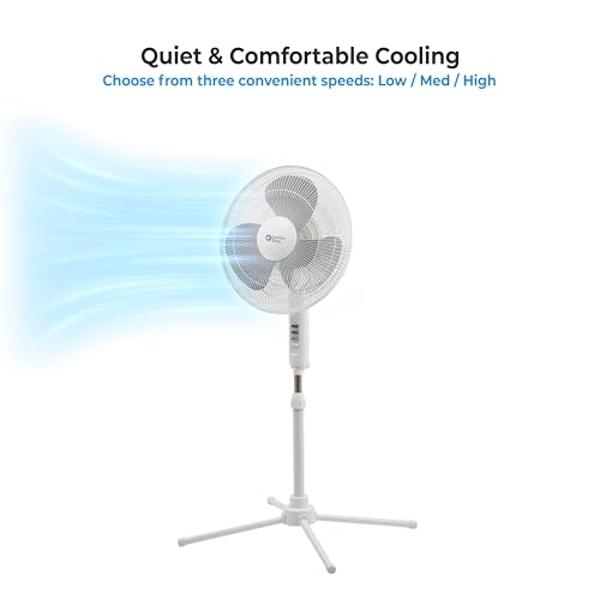 Comfort Zone Stand Fan, 16 inch Pedestal Fan for Bedroom, 3 Speed Floor Fan, 90 Degree Oscillation, Adjustable Height, Adjustable Tilt, Oscillating Air Circulator, Quiet Fan for Ho