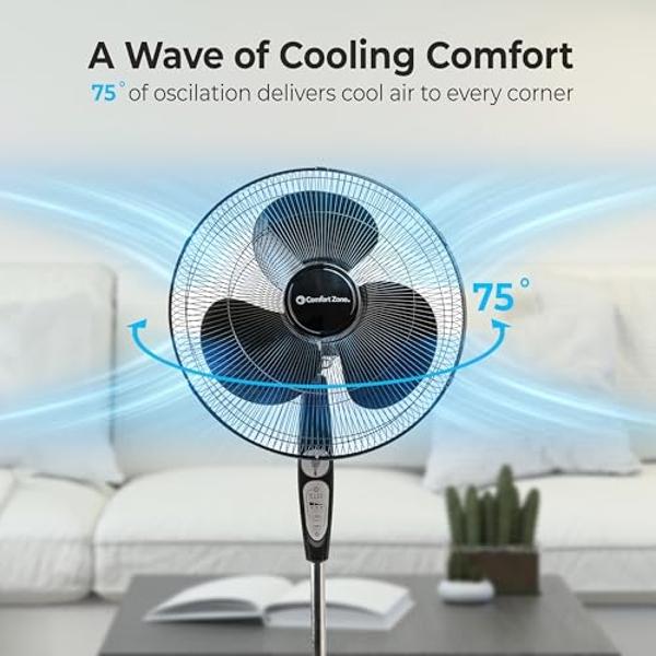Comfort Zone Oscillating Pedestal Fan with Remote Control, Stand Fan, 18 inch, 3 Speed, Adjustable Height & Tilt, & Timer, Auto Shutoff, Ideal for Home, Bedroom & Office, Airflow 1
