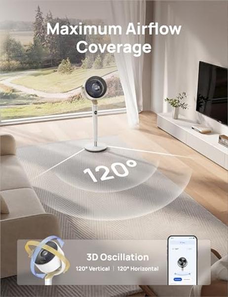 Dreo Smart Fan for Bedroom, 120° +120° Omni-Directional Oscillating Fans, 90ft Quiet Pedestal Fan with RGB Light, 9 Speeds, 6 Modes, 20dB, 8H Timer, Wi-Fi/Voice/Alexa, 37-42" Floor