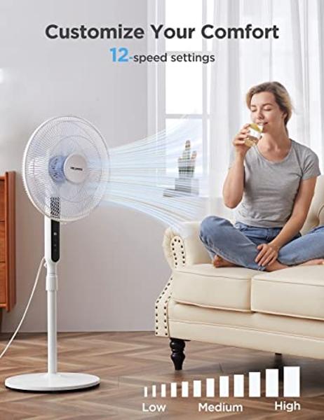 PELONIS 16" Oscillating Pedestal Stand Up Fan | Adjustable Height | Ultra Quiet DC Motor | Remote Control | 12 Speed | 12-Hour Timer | High Energy Efficiency | for Bedroom Home Off