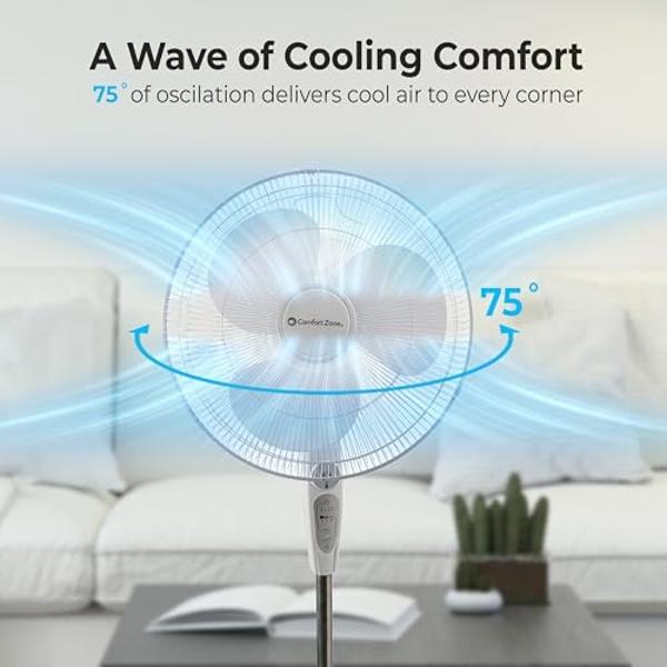 PELONIS PFS45A5BBB 18 inch 5-Blade Oscillating, Adjustable Standing Pedestal Remote, LED Display, 5 Speed Setting and 7-Hour Timer Fan, Black